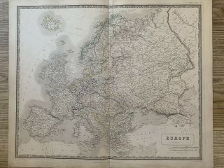 1844 Europe Large Hand Coloured Antique Map From Johnston 