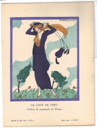 1913 Gazette Du Bon Ton Pochoir Art Deco Le Coup De Vent By Dammy Fashion Print