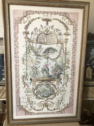 1930’s French Romantic Hand Colored Lithograph In Wood Frame