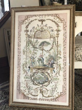 1930’s French Romantic Hand Colored Lithograph In Wood Frame 2