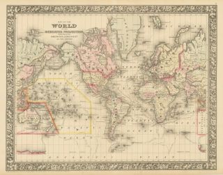Antique World Map On Mercator Projection By Samuel A.  Mitchell,  1860