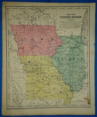 Vintage 1853 Missouri Iowa Illinois Map Old Antique Hand Colored