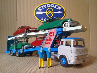 Dinky Toys By Atlas,  Corgi Bedford Tk Transporter,  4 Citroen Ds19,  Sign,  Figures