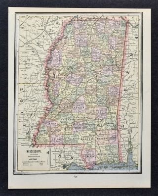 1891 Cram Map - Mississippi Jackson Natchez Tupelo Biloxi Pascagoula Yazoo City