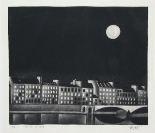 Mario Avati Orig.  Pencil Signed Mezzotint Paris Cityscape 1955 Le Ciel De Lune