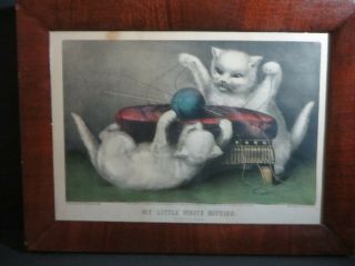 Antique 19th C Currier & Ives Litho.  Print My Little White Kitties Playing Ball