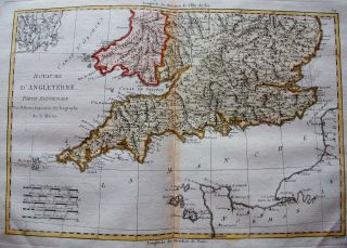 1789 BONNE - rare map of UNITED KINGDOM,  ENGLISH CHANNEL,  SOUTH ENGLAND,  WALES UK 2