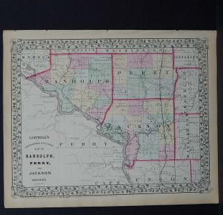 Illinois,  Antique Map,  1869 Counties Of Randolph,  Perry,  And Jackson M9 70