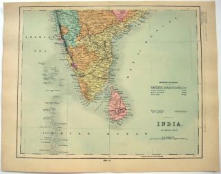 1878 Map Of Southern India By William Hughes.  Antique