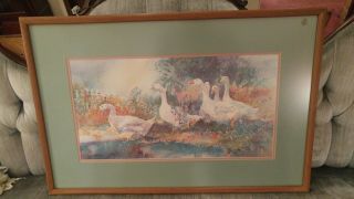 Jack Deloney Garden Party Geese Watercolor Still Life Print Signed Framed