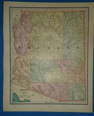 Vintage 1891 Arizona Territory Map Old Antique Atlas Map 51019