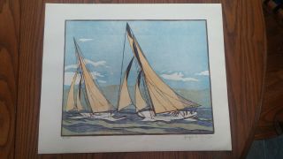 Jacques Lagrange Signed Print " The Start Of The Race " Nautical Nr Rare