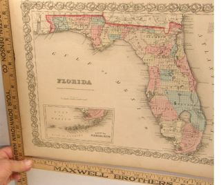 Antique Hand Colored Engraving Map Florida Incl Keys 1859 Colton 