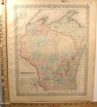 Antique Hand Colored Engraving Map Wisconsin 1859 Colton 