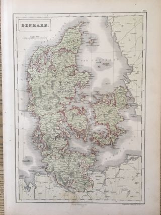 1858 Denmark Large Antique Map By Adam & Charles Black 160 Years Old