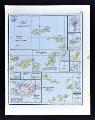 1891 Watson Map - Atlantic Islands - Galkland Canary Azores Cape Verde Bermuda