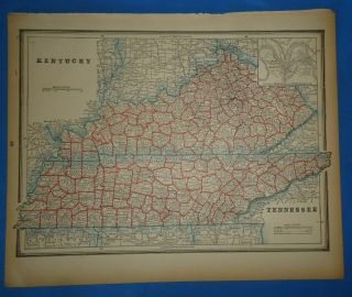 Vintage 1893 Kentucky - Tennessee Map Old Antique Atlas Map 22319