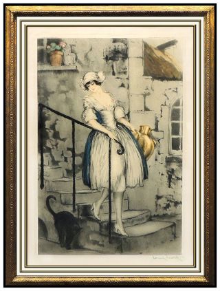 Louis Icart Hand Colored Etching Signed Art Female Portrait Milkmaid