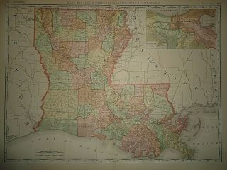 Vintage 1894 Louisiana Map Old Antique Large Folio Size Atlas Map