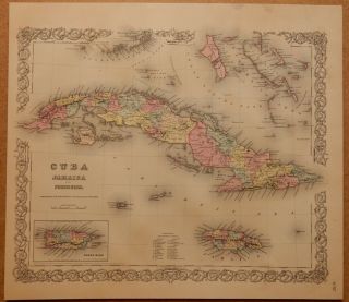 1856 Map Cuba Jamaica Porto Rico Colton 