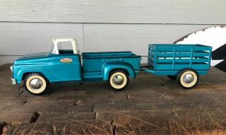 1959 Tonka Toys Side Step Pickup Blue And White With Trailer