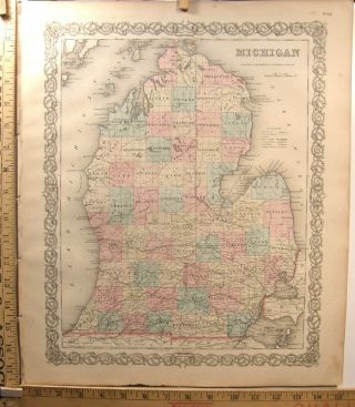 Antique Hand Colored Engraving Map Michigan 1859 Colton 