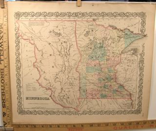Antique Hand Colored Engraving Map Minnesota 1859 Colton 