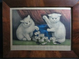 Antique Currier & Ives Litho.  Print My Little White Kitties Playing Dominoes