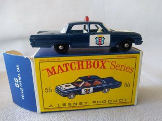 1963 MATCHBOX / LESNEY 55b FORD FAIRLANE POLICE CAR in DK.  BLUE w/ ORIG.  D - BOX 2