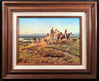 Charles M.  Russell " Men Of The Open Range " Vintage Framed Textured Canvas Print