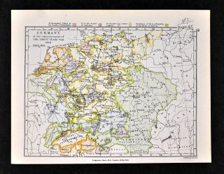 1892 Map Thirty Years War 1618 Germany Austria Holland Bohemi - Antique