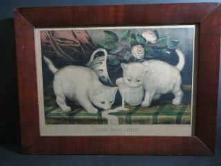 Antique Currier & Ives Litho.  Print Little White Kitties Into Mischief