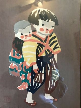 Kiyoshi Saito Signed Japanese Color Woodblock Print Boy Carrying a Baby 10