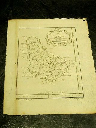 Isle Barbade Barbados West Indies Map Bellin 1754 Carribean Antique