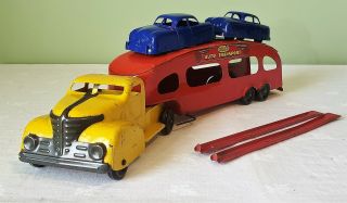 Marx Toys Plymouth Cab AUTO TRANSPORT TT TRUCK w/FORD CARS 30 ' s V RARE 2