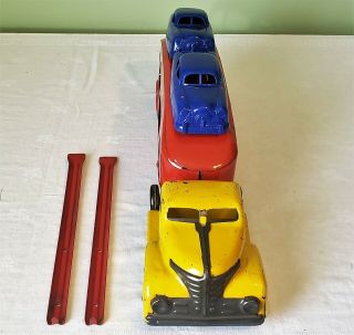 Marx Toys Plymouth Cab AUTO TRANSPORT TT TRUCK w/FORD CARS 30 ' s V RARE 3