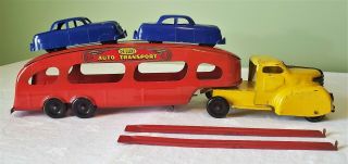 Marx Toys Plymouth Cab AUTO TRANSPORT TT TRUCK w/FORD CARS 30 ' s V RARE 4