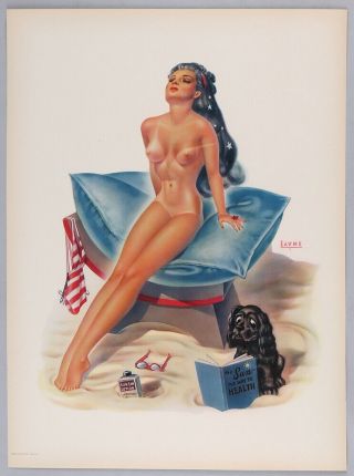 Vintage Rare 1940s Bill Layne Large Pin - Up Print Nude Sun Goddess Louis F.  Dow