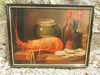 Antique French Art Print Chromo Lithograph 1900 Black Frame Lobster Oysters