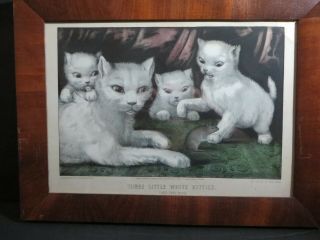 Antique Currier & Ives Litho.  Print Three Little White Kitties Their First Mouse