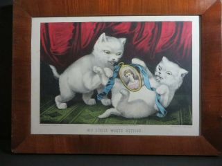 Antique Currier & Ives.  Print My Little White Kitties (playing With Miniature) 1