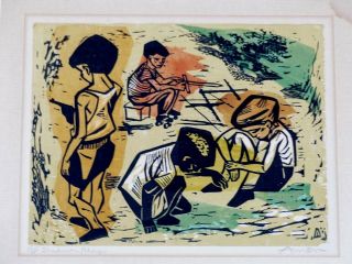 Irving Amen Shadow Play Signed Color Woodcut With Children Boys Playing 1950