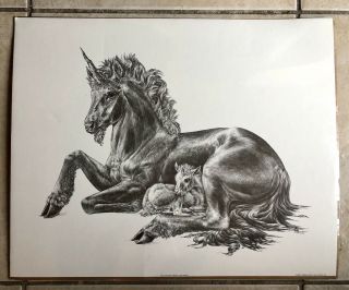 VTG 80s NOS XL Unicorn w/ Baby Art Print M.  PENA Realism Fantasy Etching 2