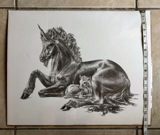 VTG 80s NOS XL Unicorn w/ Baby Art Print M.  PENA Realism Fantasy Etching 5