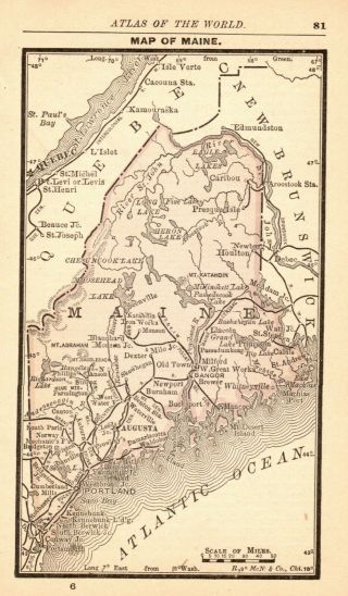 RARE Antique MAINE State Map 1888 MINIATURE Vintage Map of Maine 6616 3