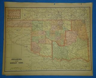 Vintage 1895 Oklahoma Indian Territory Map Old Antique Atlas Map 50919