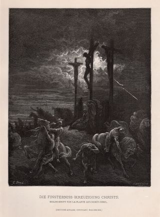 1800s Gustave Dore Woodcut " The Darkness At The Crucifixion " Signed Framed