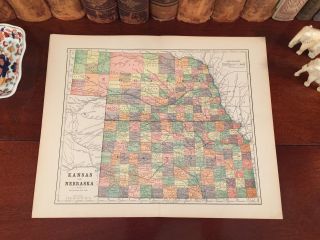 1890 Antique Map Nebraska Kansas Grand Island Crete Hutchinson Shawnee