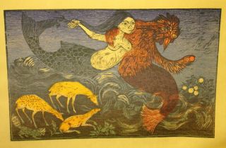 " Aquarius And Nymph " Woodcut Print By Helen Siegl