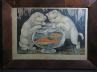Antique Currier & Ives Litho.  Print Little White Kitties Fishing